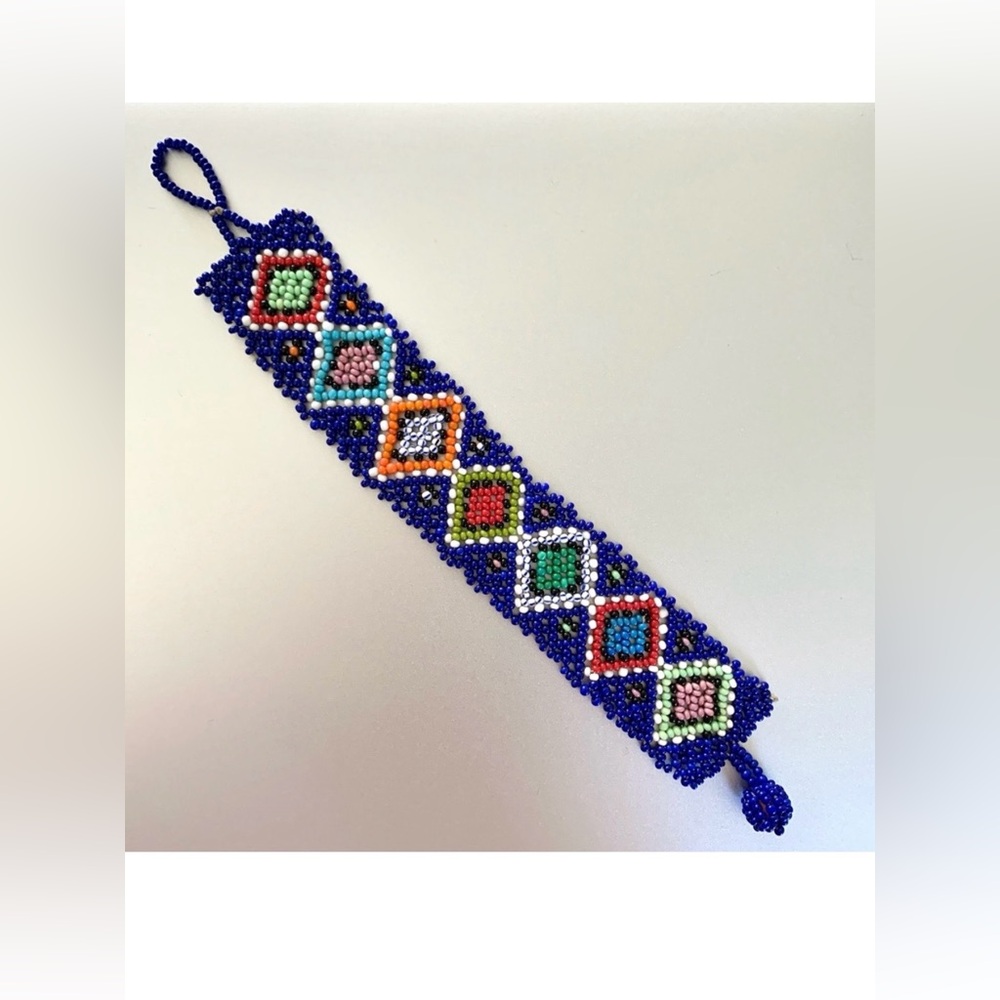 Blue handmade colorful beaded flat bracelet